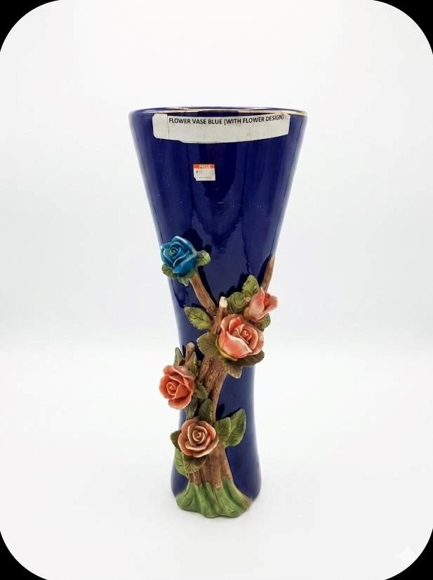 Cobalt Blue Ceramic Vase with 3D Sculpted Floral Rose Design