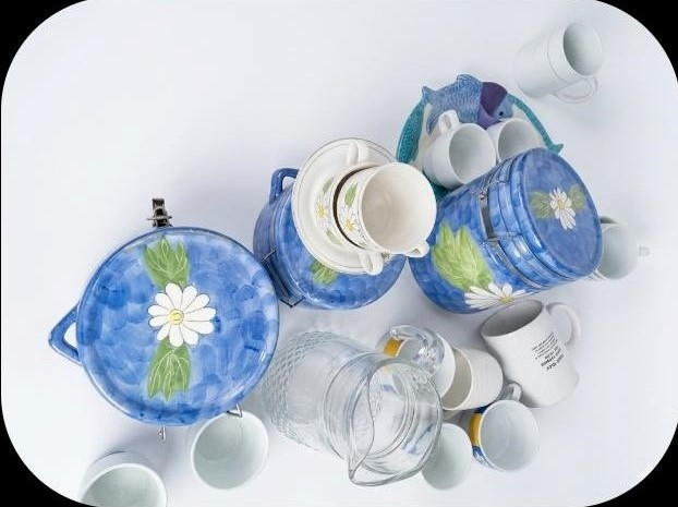 Assorted Ceramic Kitchenware Set – Blue Daisy Canisters, Mugs, and Glass Pitcher